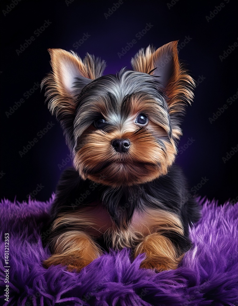 Fototapeta premium Yorkshire Terrier auf lila Teppich, schwarzer Hintergrund