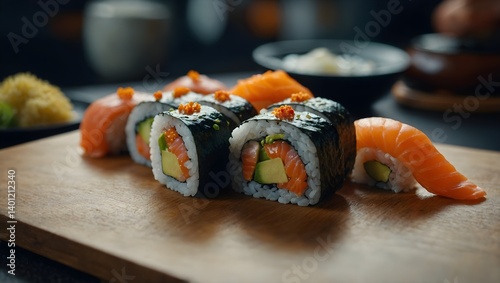 sushi california design on a bamboo wood 