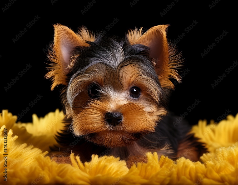 Fototapeta premium Yorkshire Terrier auf gelben Teppich, schwarzer Hintergrund