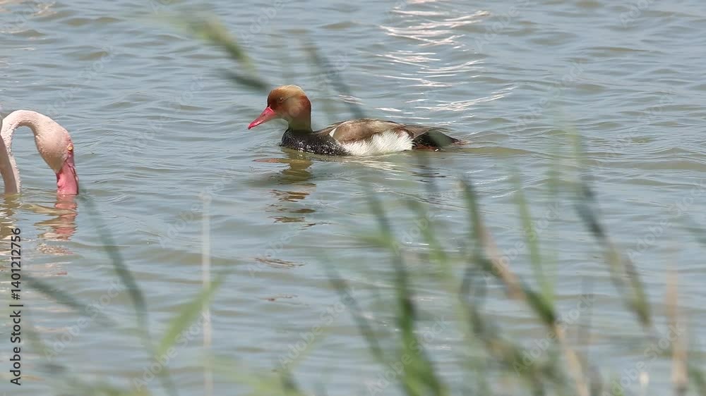 Pato colorado Netta rufina nadando se cruza con dos flamencos y se acicala en el agua del parque natural el Hondo, España