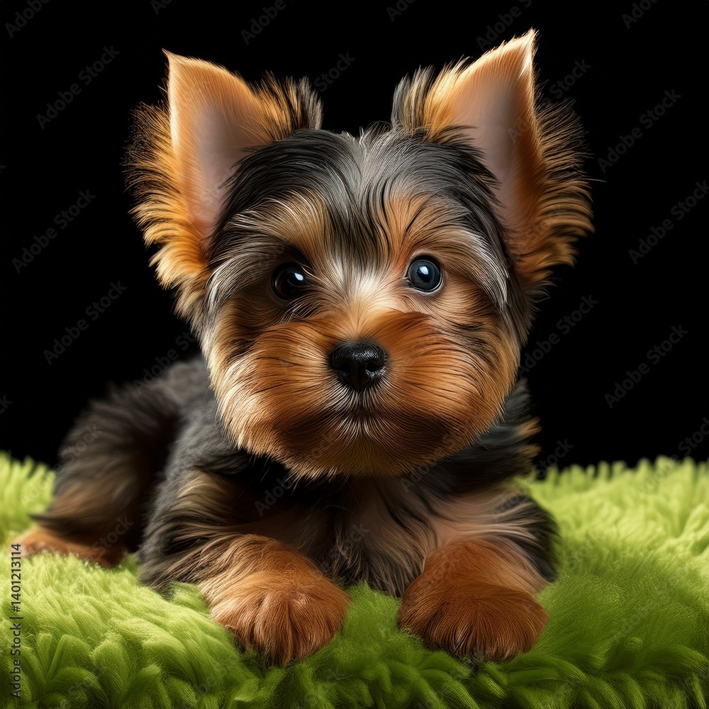 Fototapeta premium Yorkshire Terrier Welpe auf grünem Teppich, schwarzer Hintergrund