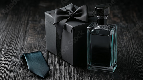Elegant set with black gift box, perfume bottle and tie on dark wooden surface. Father's Day theme