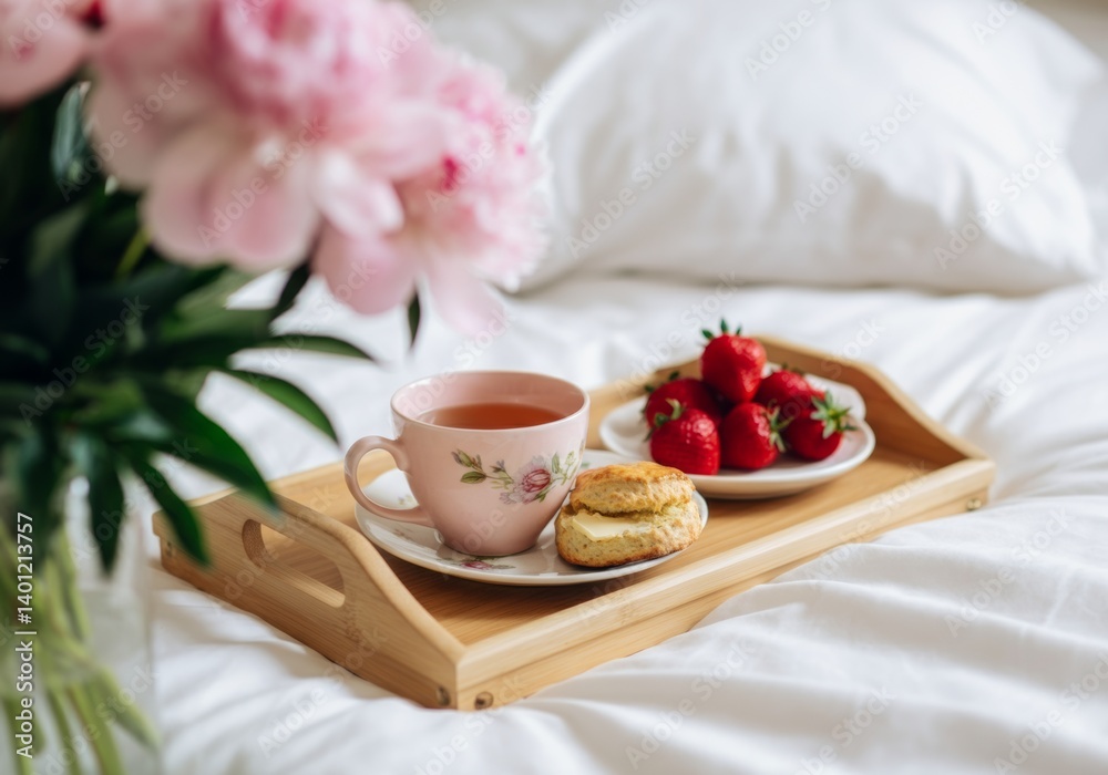 Cozy breakfast in bed with tea, strawberries, and blossoms Cozy breakfast in bed with tea, strawberries, and blossoms