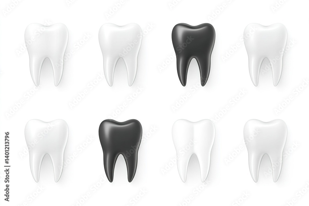Collection of glossy teeth illustrations in black and white arranged in a grid pattern on a clean background