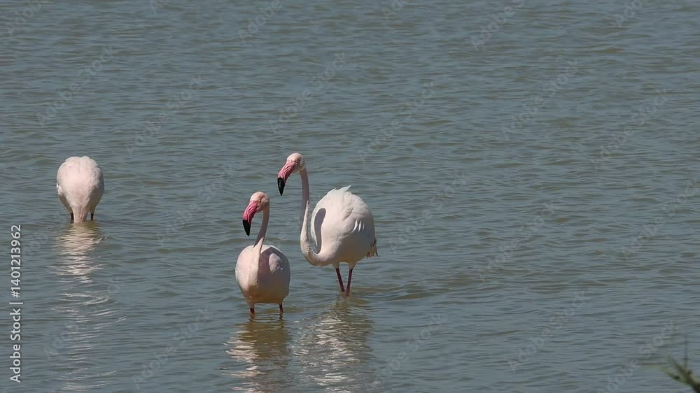 Pelea de dos flamencos Phoenicopterus macho roseus durante el cortejo de una hembra, parque natural el Hondo, España