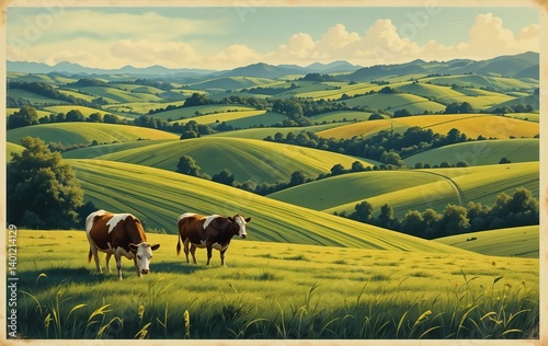 Cows grazing peacefully in a lush green farmland landscape  
