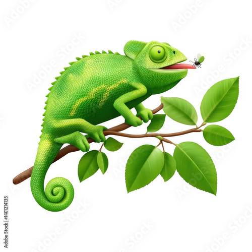 3D Cartoon Illustration of a Chameleon Catches Insect Leafy Branch Illustration Nature Close-Up Tongue Action, Isolated on Transparent Background