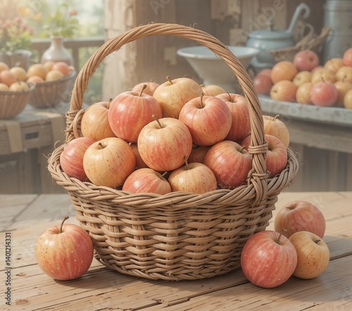 Fresh apples in a wicker basket on a rustic wooden table  