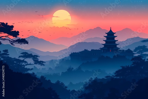 Ethereal Sunset Over Asian Temple: Vibrant Landscape Illustration of Scenic Mountains and Cultural Architecture