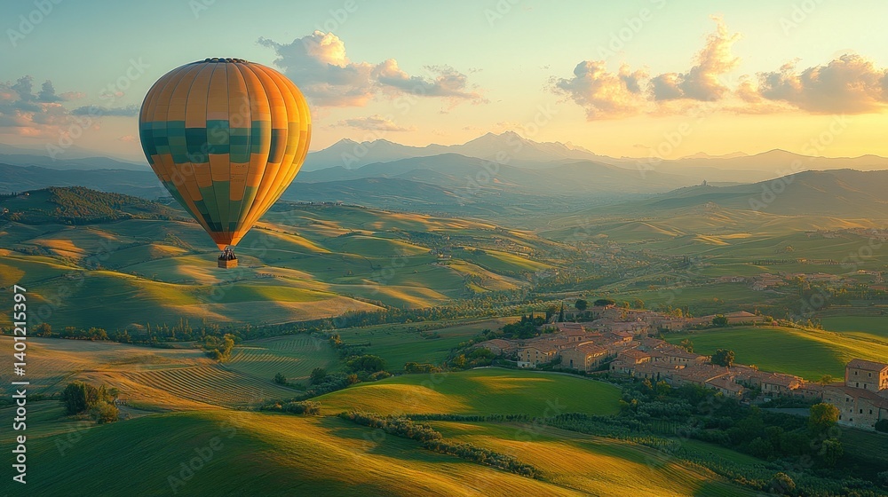 Hot air balloon soaring over Tuscany's picturesque rolling hills and charming village at sunset. Hot air balloon soaring over Tuscany's picturesque rolling hills and charming village at sunset.
