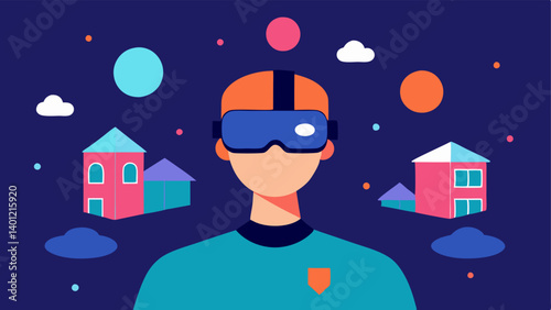 Headset Demo A person wearing a virtual reality headset with a serene expression surrounded by floating graphics of houses and apartments in the background.