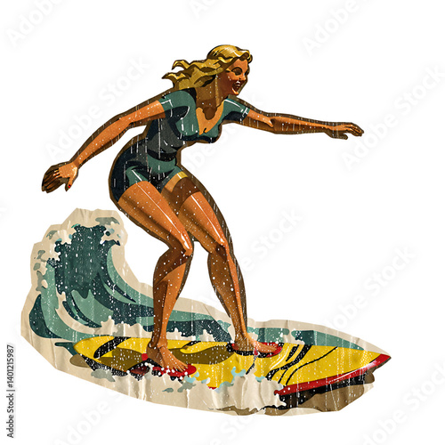 Retro Surfer Girl Ocean Wave.