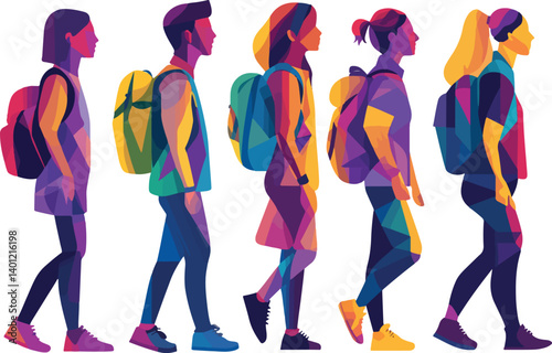 set of multicolour geometrical silhouettes of people