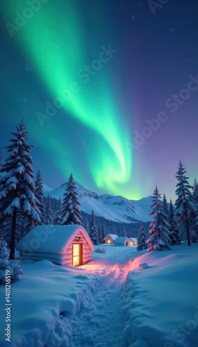 Snow-covered igloo village, vibrant aurora borealis above, polar, green