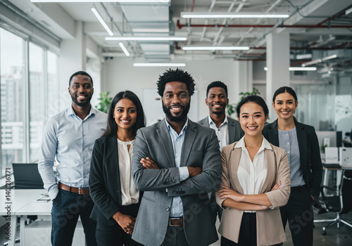 Smiling diverse business team confidently posing together in a bright modern office space.
