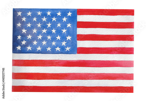 The USA flag watercolor illustration. Hand painted American flag with stars and stripes. Happy 4th of July. Independence Day patriotic design for holiday print, t shirt, card isolated on white