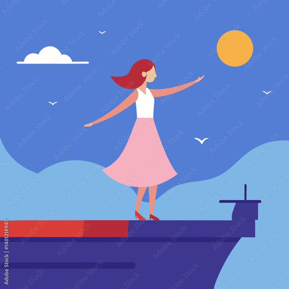 Vector art illustration of a girl standing on the front of a ship Vector art illustration of a girl standing on the front of a ship