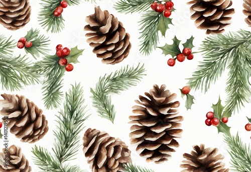 decor christmas branch fir party cone element design mistletoe watercolor tree background pine white holly print coniferous draw colours painted year conifer rough isolated water evergreen object