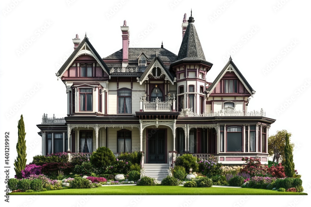 Fototapeta premium A grand Victorian mansion with intricate details, surrounded by a lush garden.