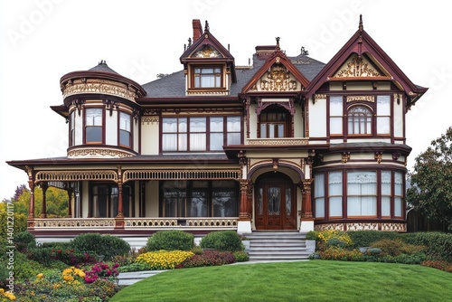 A grand Victorian-era mansion  showcasing intricate detailing  a wraparound porch  and lush landscaping.