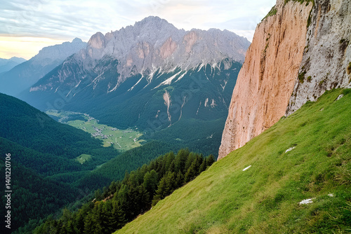 A breathtaking view of the Dolomites in South Tyrol, Italy, showcasing dramatic mountain peaks, lush green valleys, and clear skies, creating a perfect natural landscape for outdoor enthusiasts photo