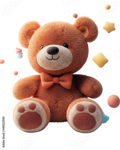 Adorable plush teddy bear with colorful toys. isolated on transparent background Generative Ai. photo