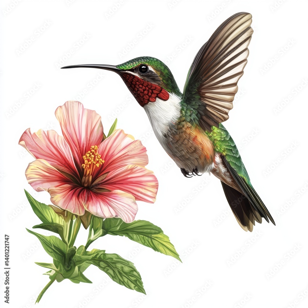 Fototapeta premium Colorful hummingbird hovering near vibrant pink flower against a clean white background, showcasing nature's beauty and detail.