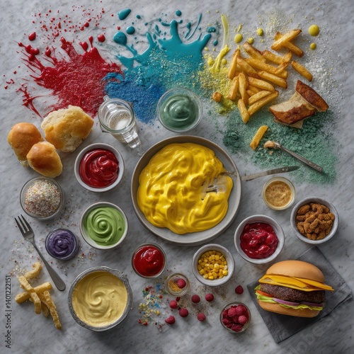 Colorful array of sauces and condiments alongside fast food - condiments salsa hummus ranch balsamic photo