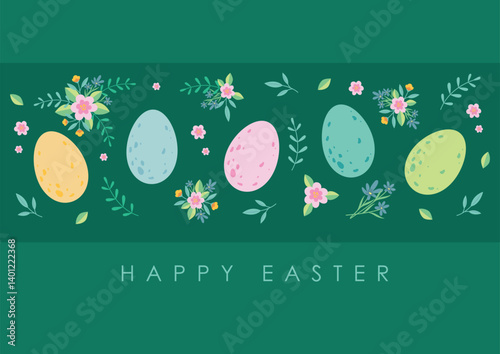 easter card with easter eggs and floral elements, isolated vector illustration on green background,template for decoration, greeting cards,invitation,poster,prints,wallpaper,banner
