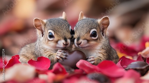 Two adorable baby squirrels sharing a chocolate heart amidst red rose petals. photo