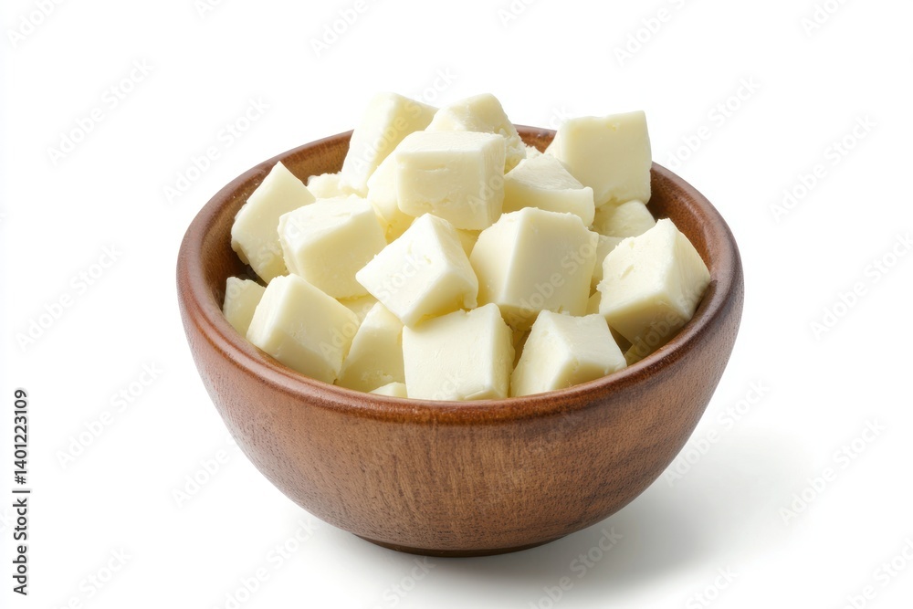 A bowl of diced soft cheese, isolated on a white background, presenting a fresh and wholesome texture. A bowl of diced soft cheese, isolated on a white background, presenting a fresh and wholesome texture.