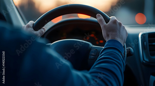 Obraz na płótnie Closeup Hands Driving Car At Sunset w salonie