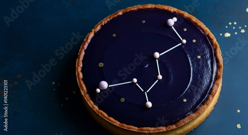 Celestial constellation pie on dark blue background with star accents photo