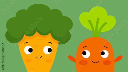 Facial Expressions Closeup of the carrot and broccoli highlighting their faces. The carrot has wide expressive eyes showing determination while the broccoli has a furrowed brow