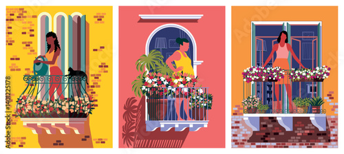 Set of 3 detailed street scenes with girls standing on Italian balconies surrounded by indoor flowers in pots and planters. Hand drawn vector illustration. Can be used for posters, banners, books.