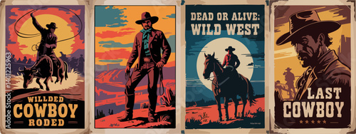 Epic Wild West Cowboy Posters – Rodeo, Lone Riders, Moonlit Cliffs & Gunslingers in Bold Silhouette Western Style