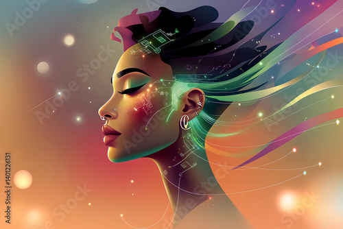 A stunning digital artwork featuring a female face with abstract patterns and vibrant colors, creating a unique and modern interpretation of beauty and expression
