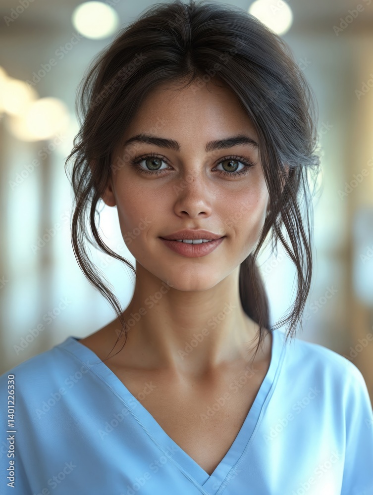 Smiling young female nurse in blue medical uniform standing confidently in brightly lit hospital hallway, compassionate healthcare professional ready to provide patient care, medical assistance Smiling young female nurse in blue medical uniform standing confidently in brightly lit hospital hallway, compassionate healthcare professional ready to provide patient care, medical assistance
