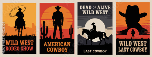 Epic Wild West Cowboy Posters – Rodeo, Lone Riders, Moonlit Cliffs & Gunslingers in Bold Silhouette Western Style