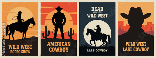 Epic Wild West Cowboy Posters – Rodeo, Lone Riders, Moonlit Cliffs & Gunslingers in Bold Silhouette Western Style