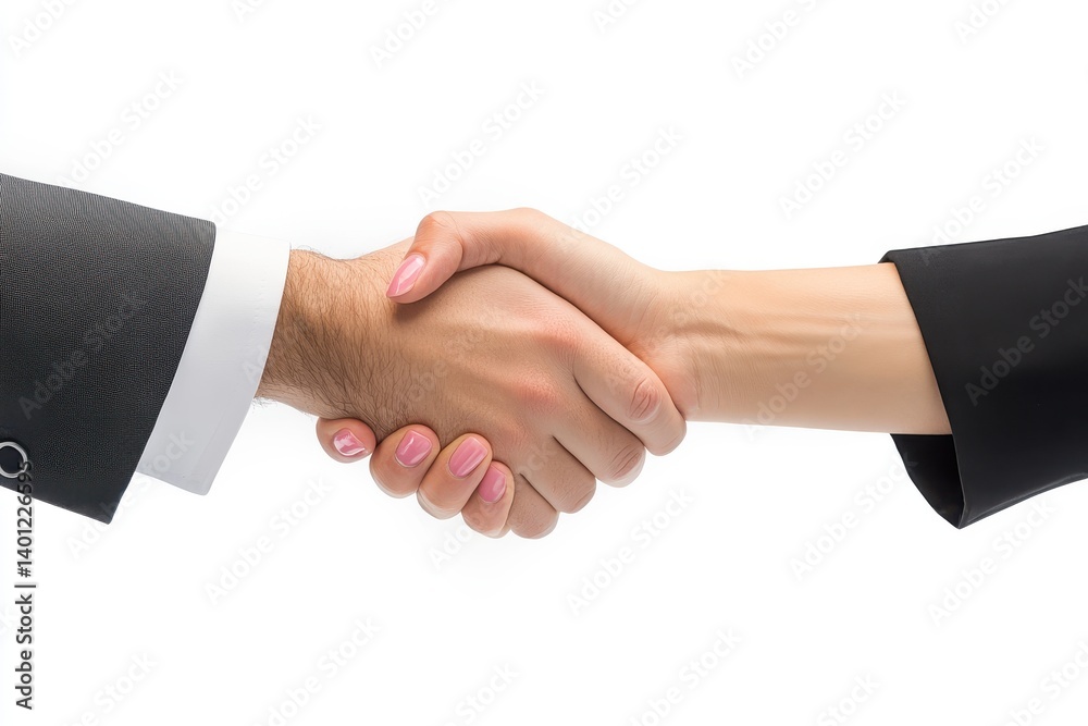 Two people in business attire shaking hands on a white background Two people in business attire shaking hands on a white background