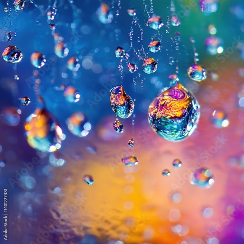 Macro Photography of Water Drops, Creating an Abstract, Nature-Inspired Colorful Background, Showcasing the Delicate Beauty of Liquid Droplets and the Play of Light photo