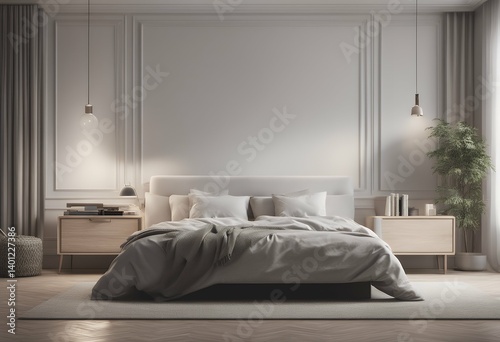 Fototapeta Naklejka Na Ścianę i Meble -  mock style viz light modern interior bedroom background 3d bedchamber three-dimensional board business cool hipster furniture poster wood bed lamp floor banner room lifestyle presentation holiday