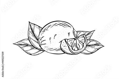 Monochrome whole lemon with slice and leaves vector illustration painted by black inks. Hand drawn summer citrus fruit outline sketch for vitamin packaging, detox product labels, fitness apps