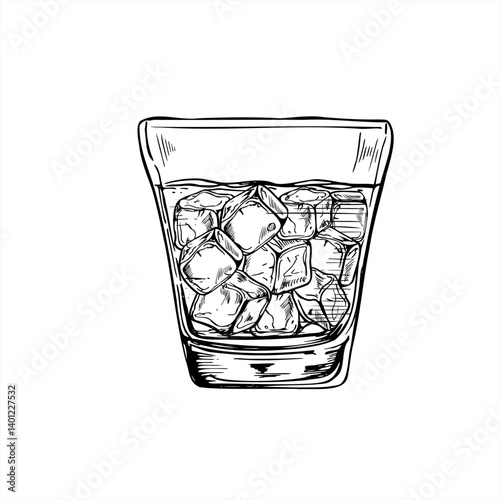 Monochrome glass with ice cubes vector illustration painted by black inks. Cold Lemonade, mojito cocktail, tequila beverage or whiskey graphic sketch. Symbolizes hydration, energy, healthy lifestyle