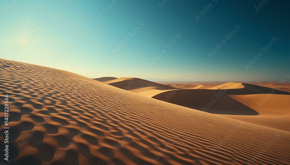 Naklejka premium Endless ochre dunes ripple under a hazy blue sky, shimmering with gold and hinting at hidden paths.