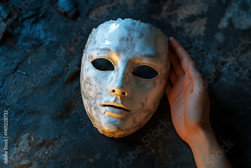 Hand Holding Distressed White Mask Against Textured Grunge Background, Mysterious and Abstract Concept