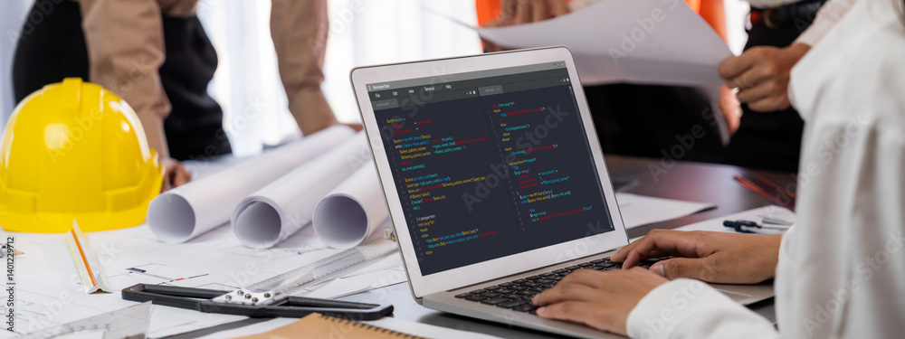 Software development programming on computer screen for brisk application and program coding
