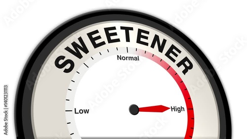 Sweetener text or word displayed with a barometer or tachometer-style gauge showing levels from low to normal to high, symbolizing the impact of artificial and natural sweeteners