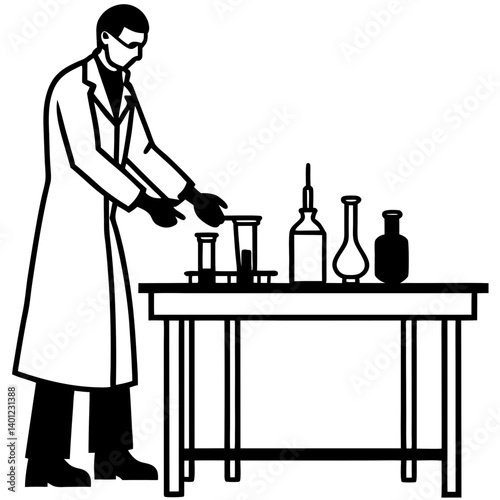 A silhouette of a lab technician wearing gloves, arranging laboratory equipment on a table